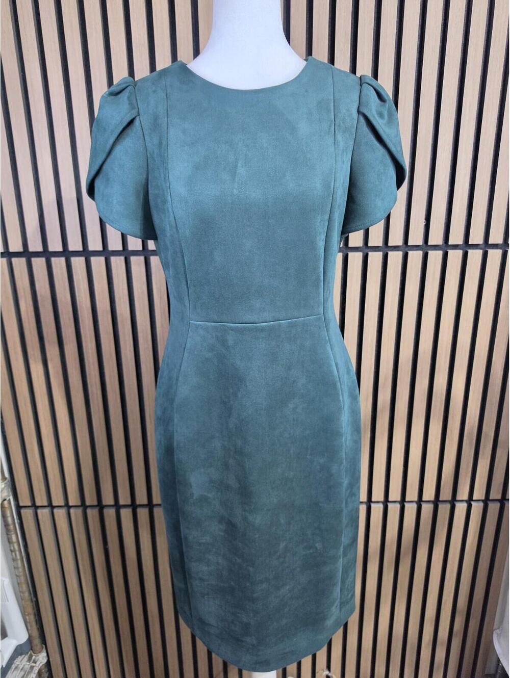 Calvin Klein Green Faux Suede Sheath Dress 8 Puff Sleeve Round Neck Zip Knee